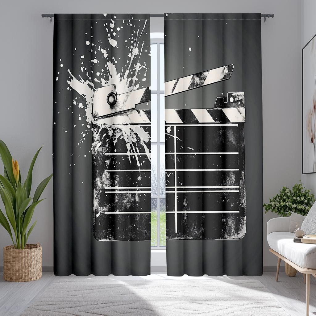 2pcs Grunge Movie Curtains   Clapper Board and Retro Film Backdrop for Window Drapes
