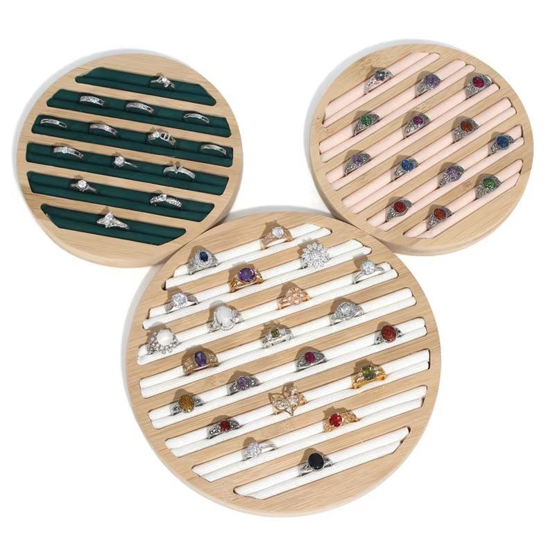 Bamboo Wood 6 Slots Round Ring Earrings Trays Showcase Display Jewelry Organizer