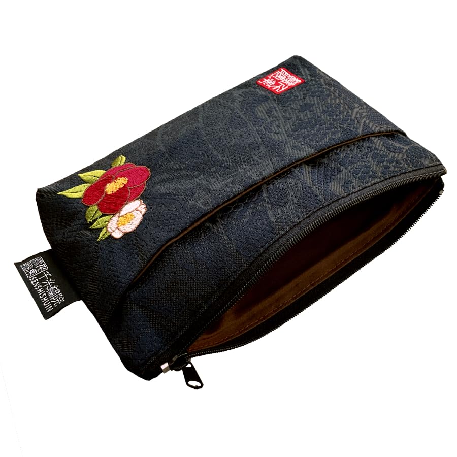 Senshishuin Nishijin Brocade Pouch with Black Lace and Camellia Design (Lined) (Small)