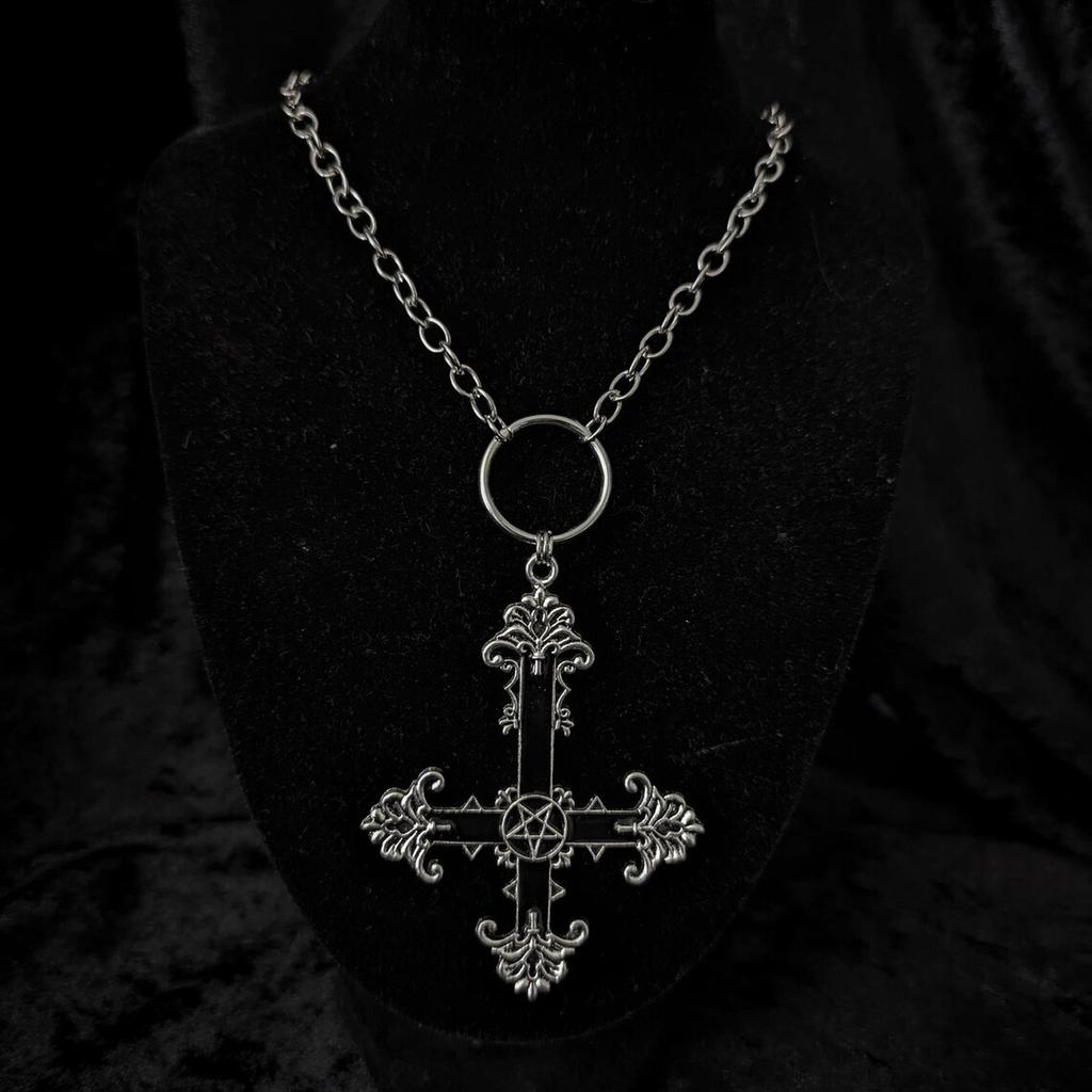 Pentagram Carved Cross necklace,Gothic jewelry,Inverted cross,Large Cross,Vintage,Witch jewelry,pagan,alternative,mystery,Choker
