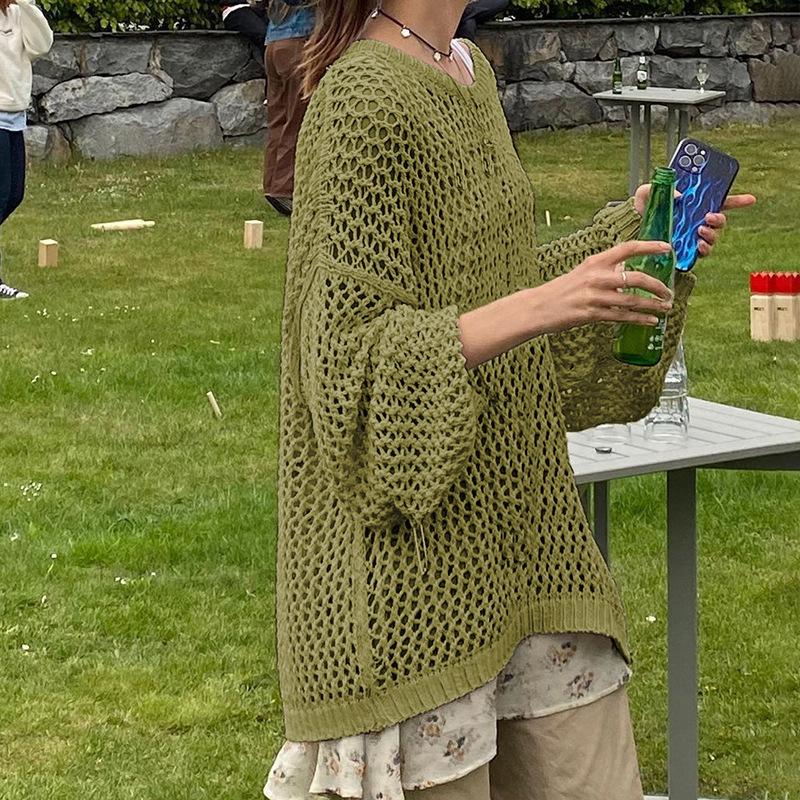 2024 Summer European & American Street Style: Hollow Out Mesh Knit Loose Pullover for Women