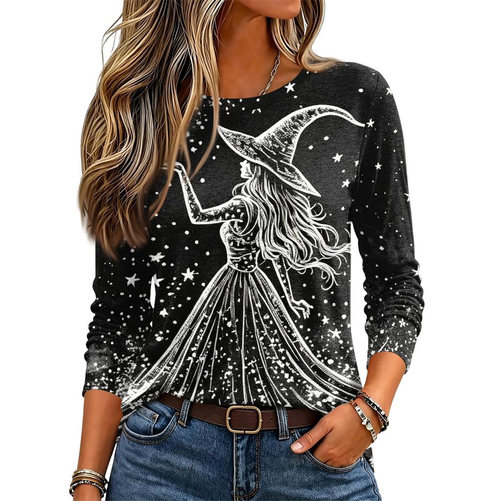 Women's Halloween Printed Neck Long Sleeve Pullover Top