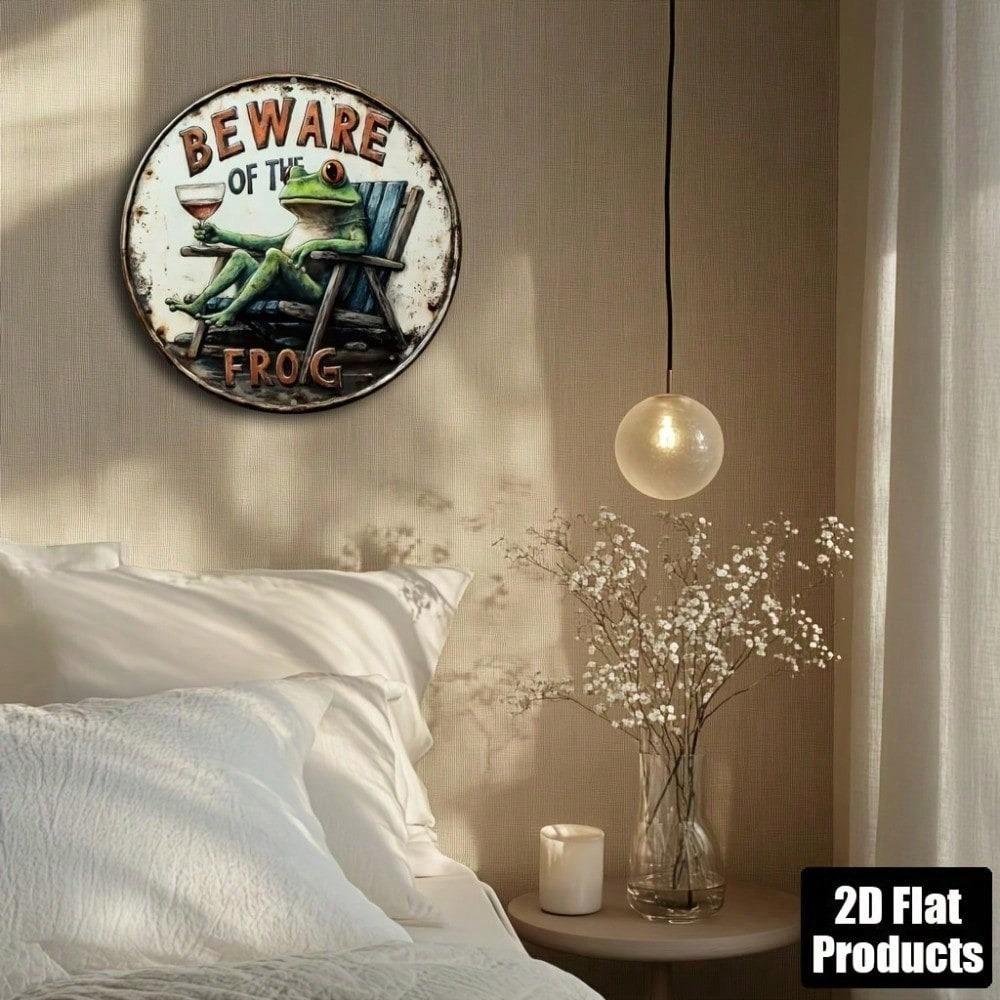 2D Flat Metal Wall Art Frog Sign, 8 Inch Round Aluminum Plaque for Home Decor Kitchen Bar, Unique Funny Gift