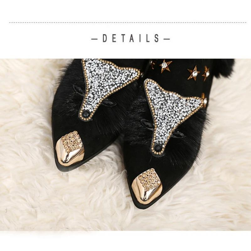 Dámské kotníkové boty Křišťálová hlava lišky Dámské boty Zimní móda Kovová špička Nadýšený plyš Vysoký podpatek Dámská svatební párty obuv
