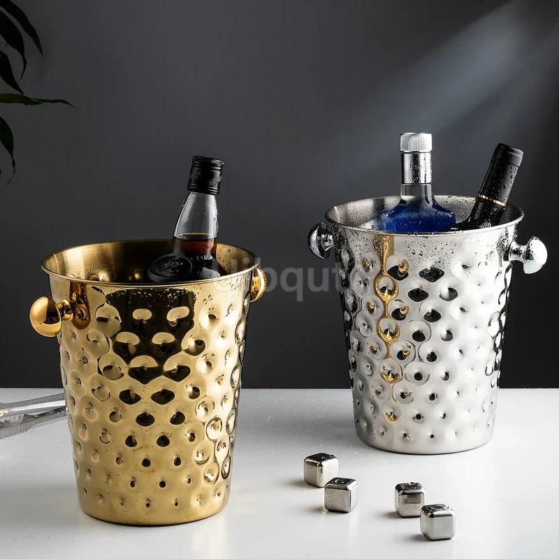 Fashionable and creative ice bucket Stainless steel golden hammer pattern ice bucket red wine champagne ice wine barrel