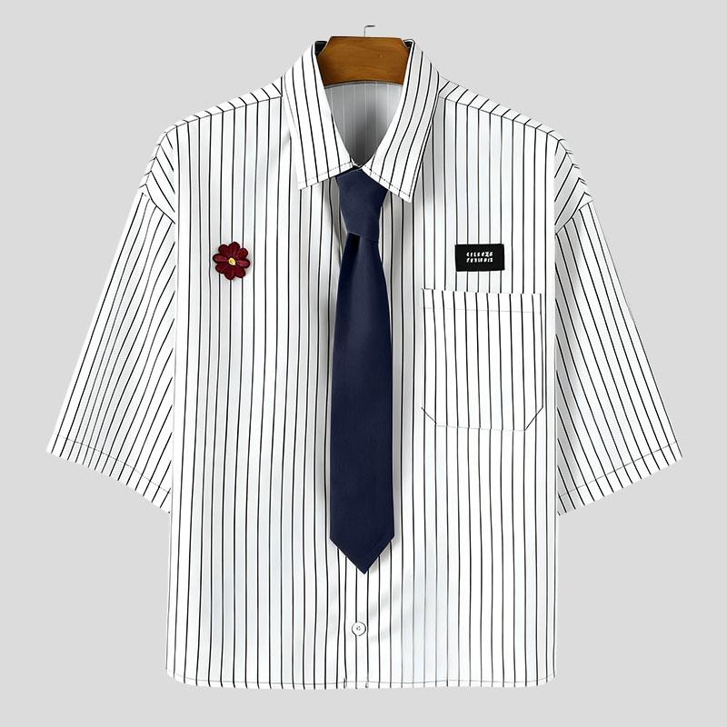 

INCERUN Men Summer Tie Up Half Sleeve Striped Loose Casual Shirts Tops S белый