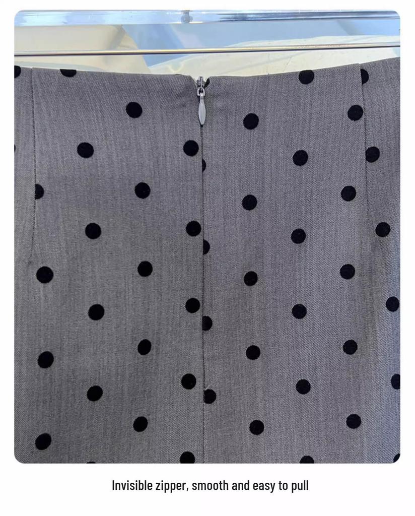 Damen-Polka-Dot-Rock mit hohem Bund und schmaler Passform - Frühling & Herbst 2025, Französische Eleganz, Hüftbetont, Halblang mit Schlitz