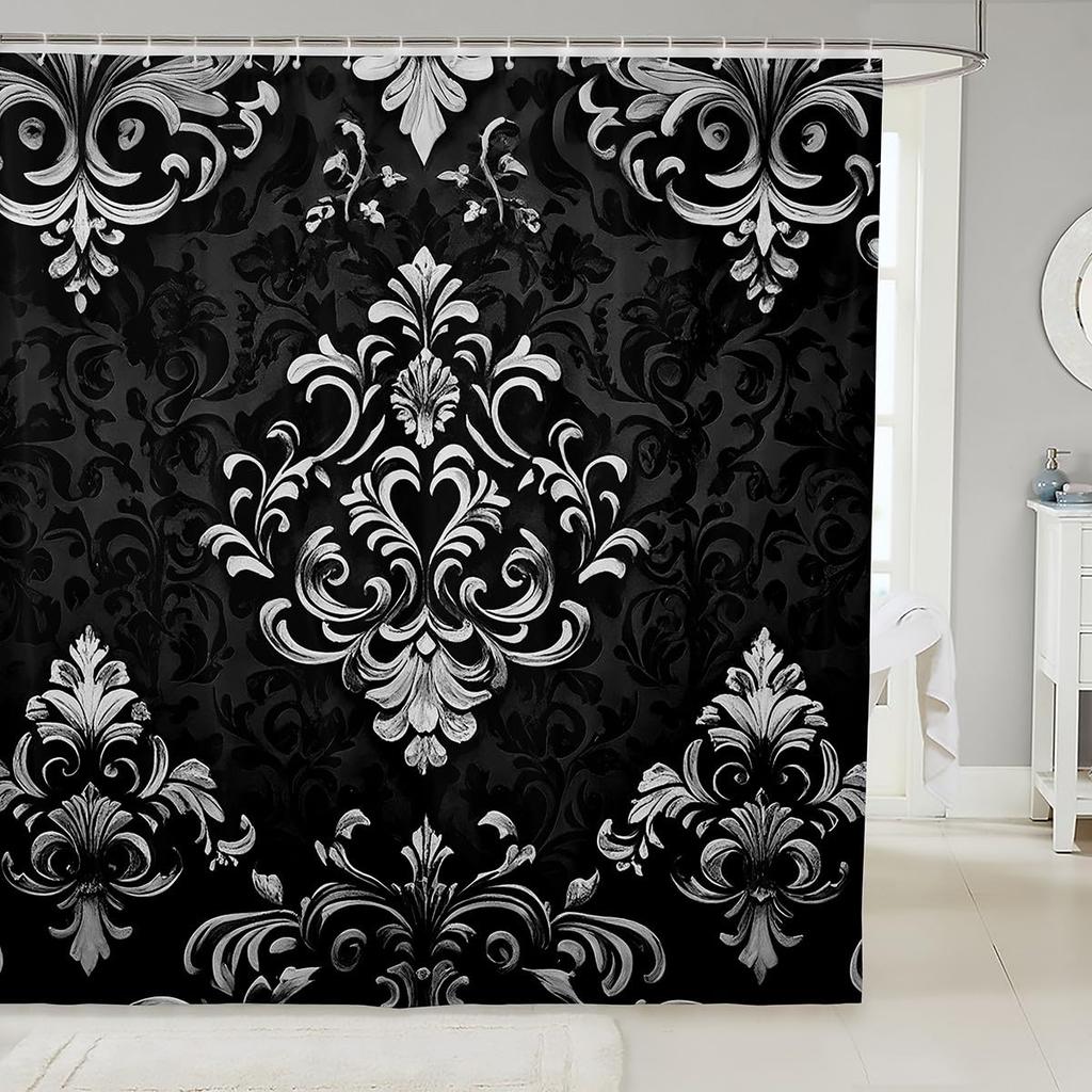 Vintage Boho Damask Floral Bathroom Curtain,Bohemian Exotic Goth Shower Curtain Victorian Baroque Flower Shower Bathtub Decor