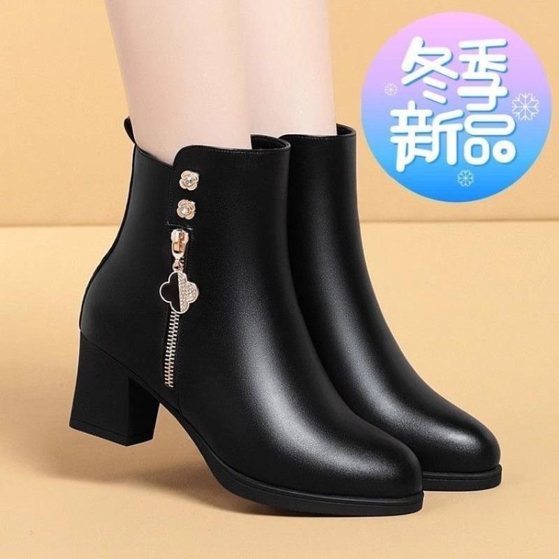 Soft leather short boots women's new winter thick heel women's boots thick-soled versatile pointed shoes velvet warm boots