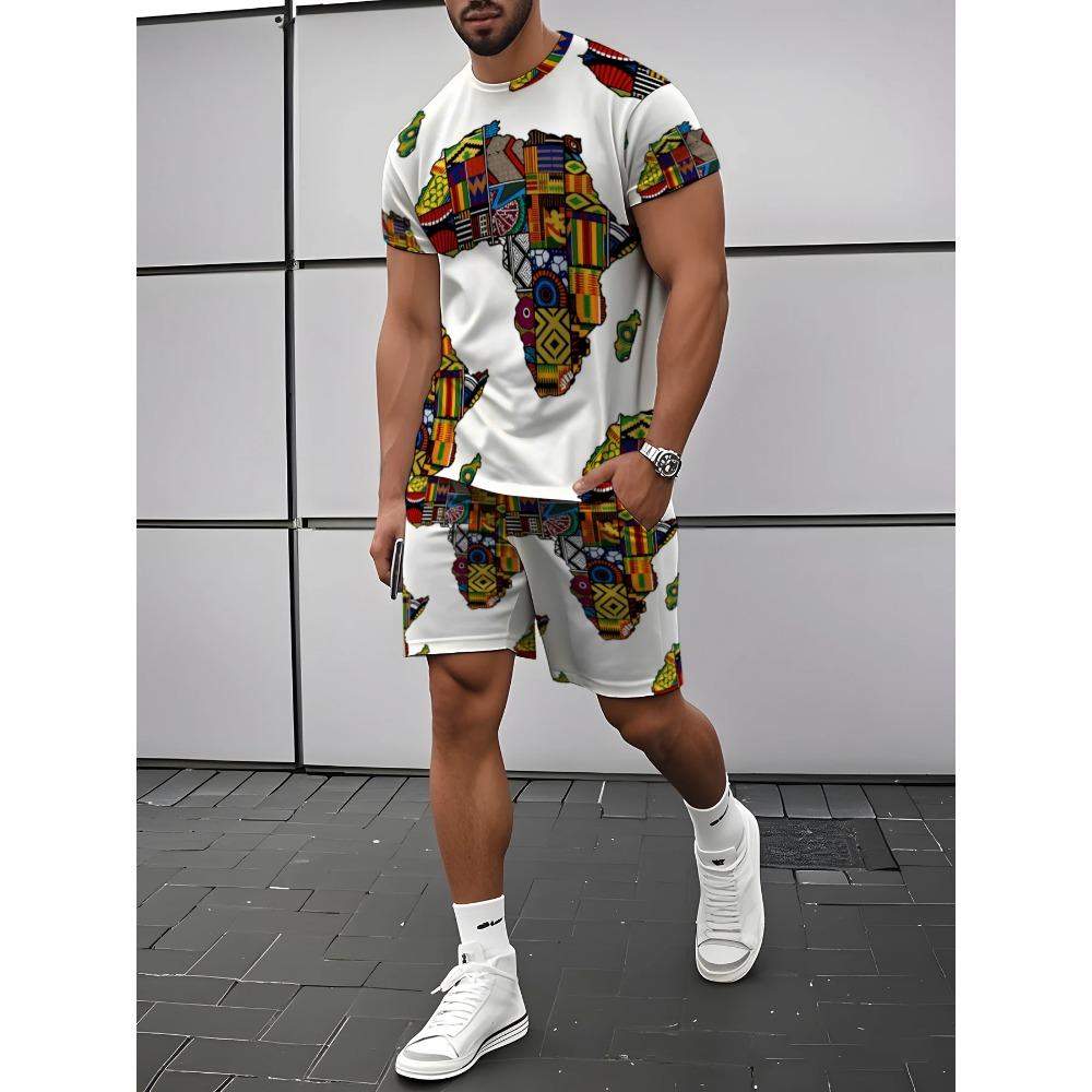 Men s African Print Short-Sleeve Set, Casual Sporty 2pcs Outfit, Summer Trendy Men s Fashion S