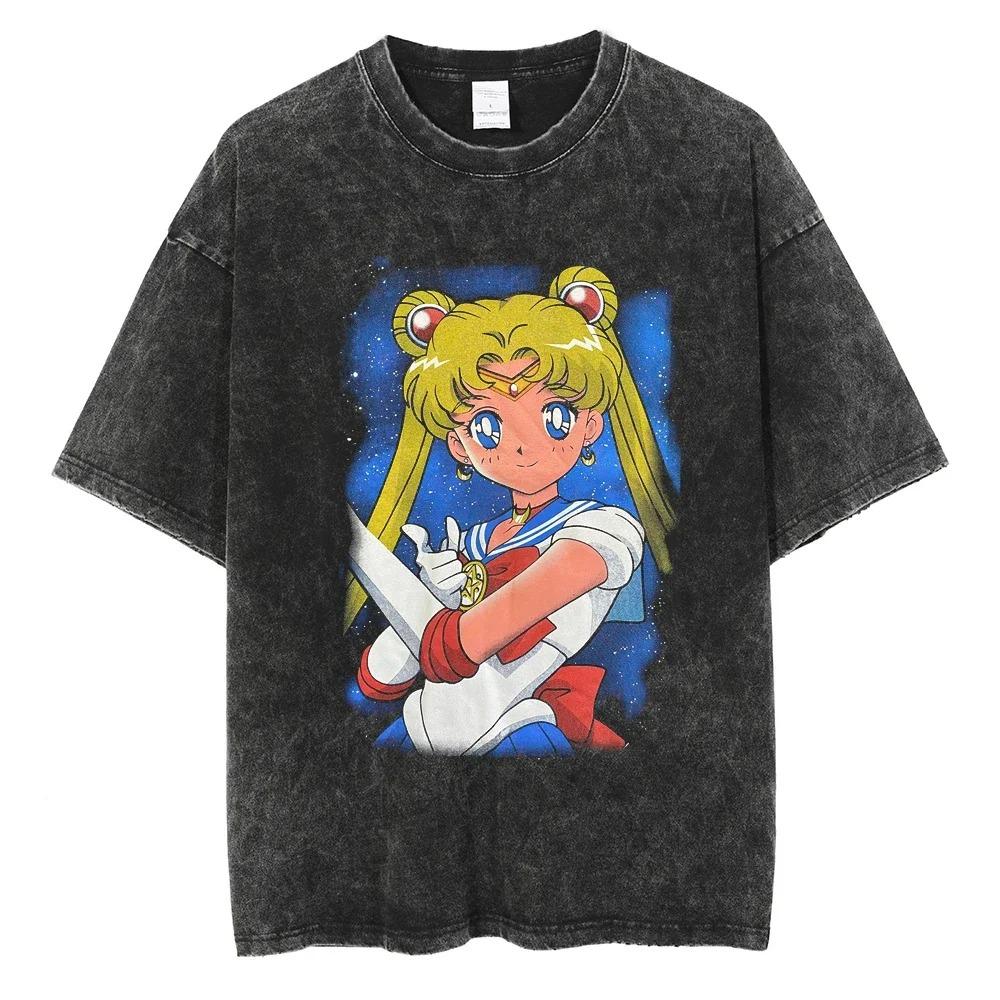 Pánské Dámské Potisk Vintage Prané Tričko Japonské Anime Streetwear Grafické Tričko Léto Krátký Rukáv Bavlněné Tričko