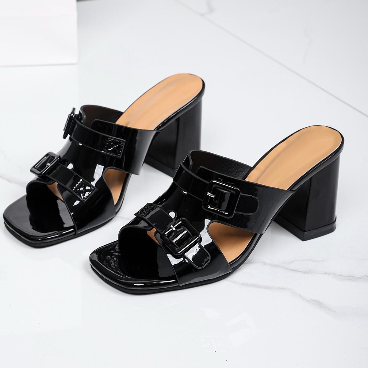 

Foreign trade high-heeled slippers summer new large size Roman fashion thick heel temperament trend cool slippers women 43 чёрный