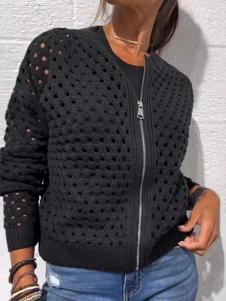 2025 Women's Casual Hollow Knit Zipper Jacket - European and American Style
