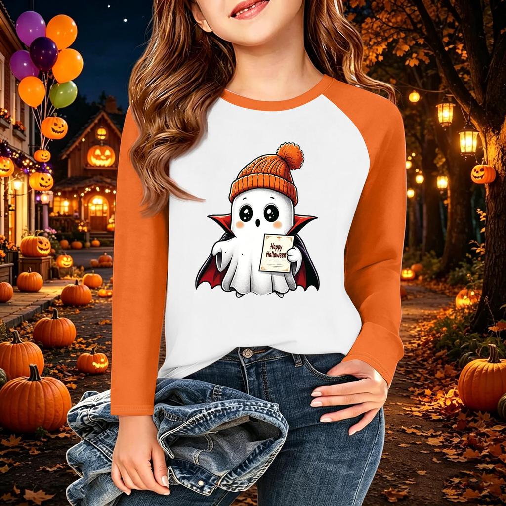 Kids' Halloween Printed Long Sleeve Neck T-Shirt for Casual Wear