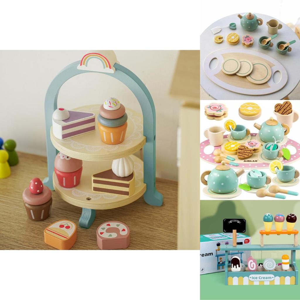 Colorful Wooden Ice Cream Shop Pretend Play Set For Kids With Realistic Tea Set Features