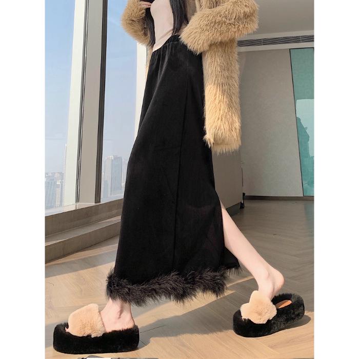 

Fluffy Black Velvet Midi Skirt: High Waist, Slim Fit, Split A-Line for Autumn/Winter S (below 95 lbs recommended) чёрный