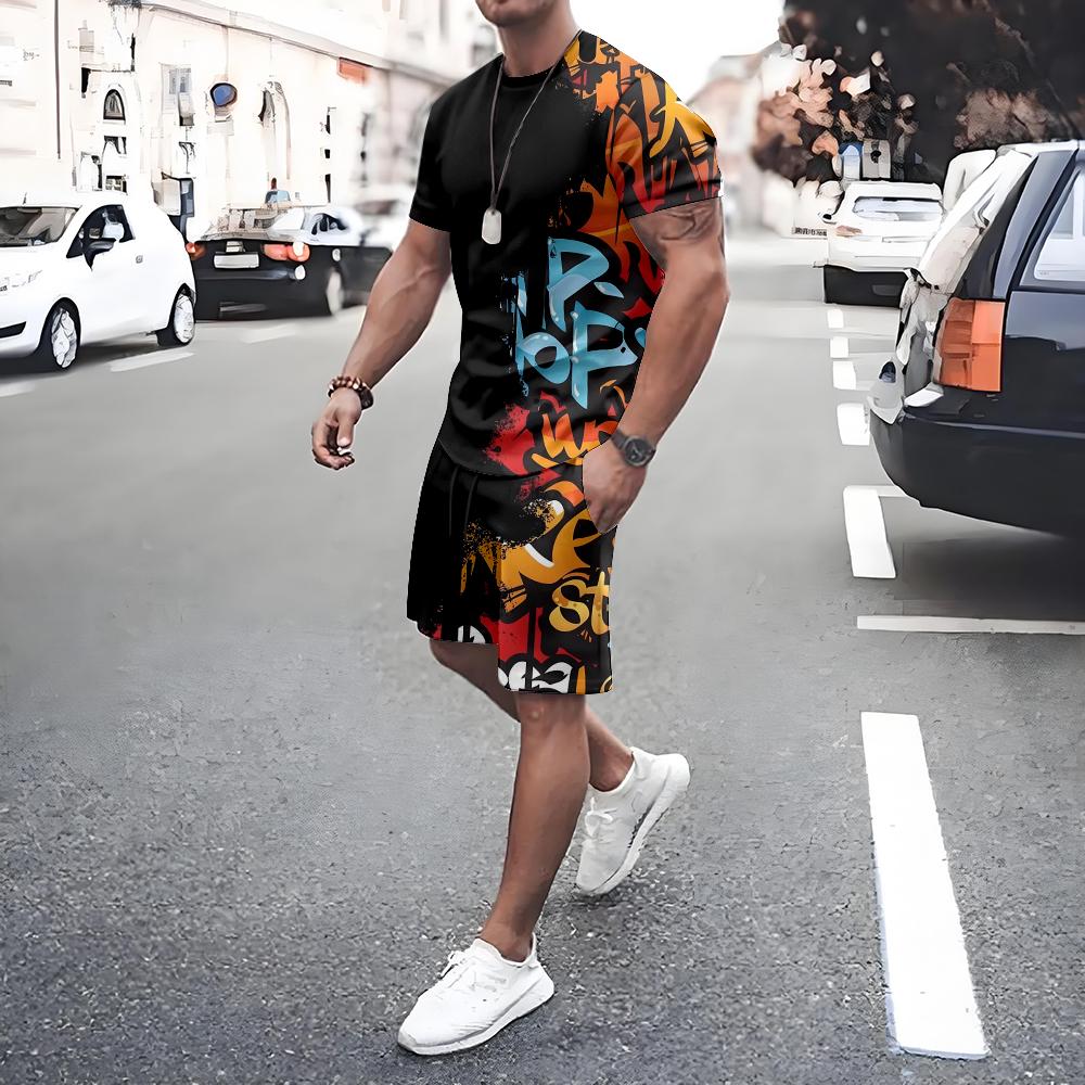 Summer Men's Short Sleeve Tee Shorts Set Casual Men's Sports T-shirt Shorts 2-piece Set Quick Dry Breathable Drawstring T Shirts