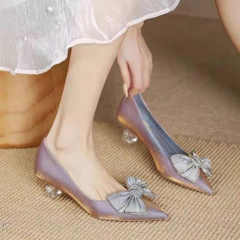 Fashion 2025 Summer New Slip On Women's High Heels Novelty Butterfly-knot Pointed Toe Med Heel Pumps for Versatile Fashion Dress Shoes