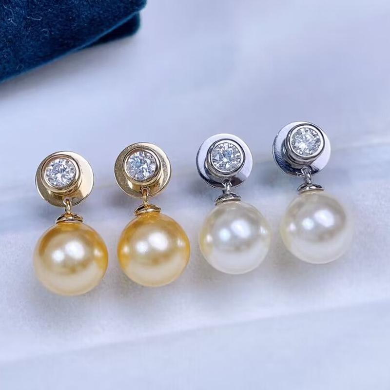 10mm Natural Golden Round Pearls Simple Zircons Stud Earrings DIY 925 Silver Holder Fine Wedding Jewelry for Women