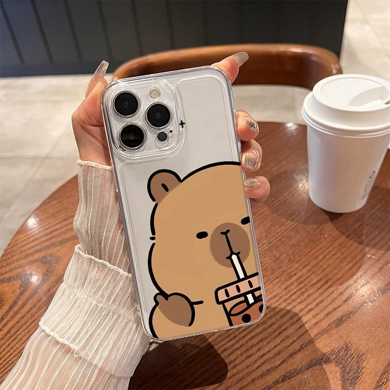 Chill Capybara Drink Phone Case For iPhone 17 Air 16E 16 15 14 11 Pro Max Plus 13 12 Mini 8 7 X Transparent Shockproof Cover