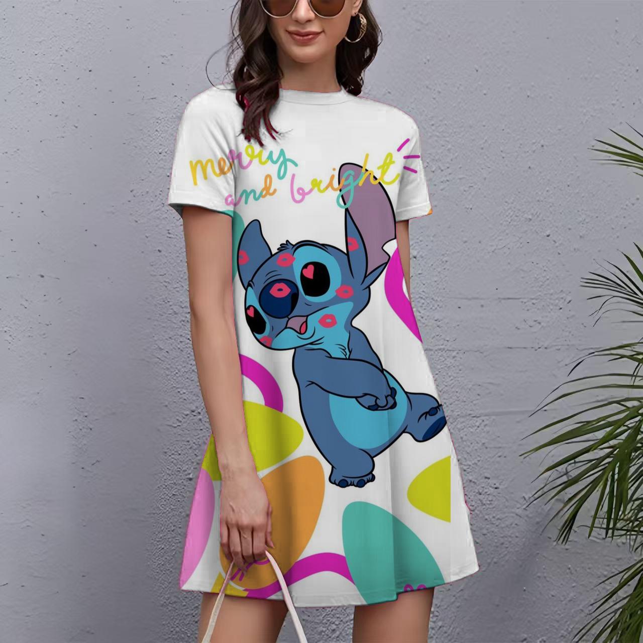 Šaty s potlačou Stitch pre ženy 2025 Nový rok Krátke rukávy O-výstrih Šaty Oversized Dámske Vianočné Zábavné Dámske Párty šaty M