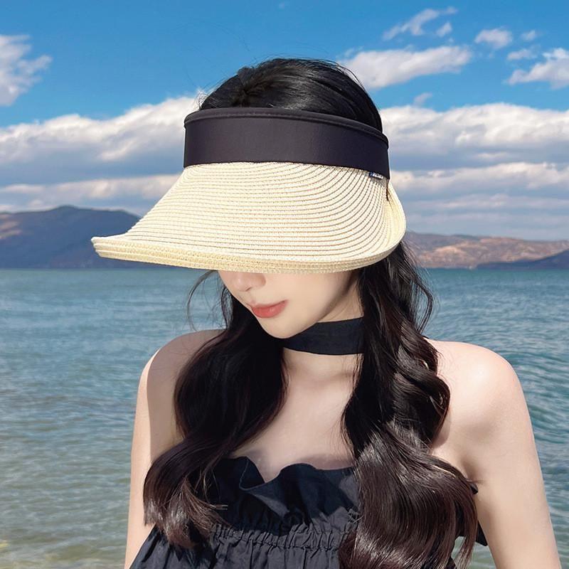 

8237 Casual Curling Straw Hat Children s Summer Outdoor Sun Hat Patchwork Fashion Sun-Proof Visor Straw Hat Beige