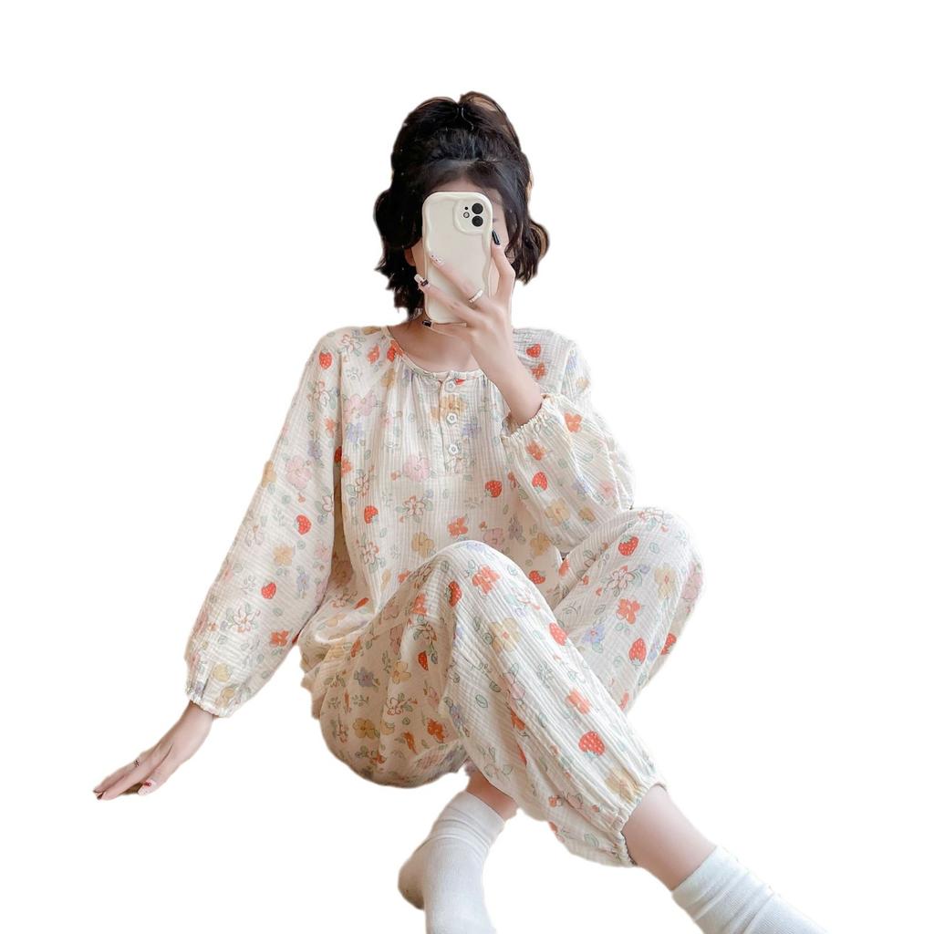Pajamas Spring and Autumn pure cotton women's long-sleeved trousers thin cotton yarn round neck loose baby cotton Korean pullover loungewear