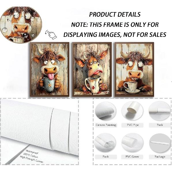 3pcs Funny Cow Canvas Wall Art Humor Dreaming Cow Drinking Coffee Posters Prints Paintings Playful Country Farmhouse Animals Wall Decor Pictures for
