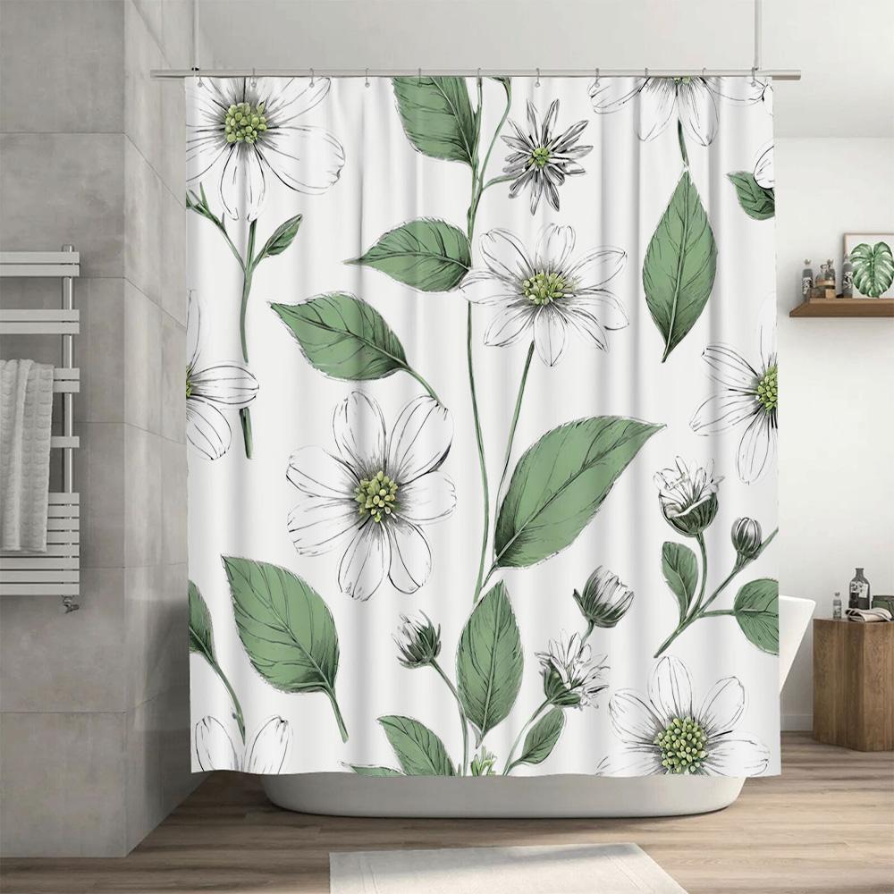 Artful Green Floral Print Shower Curtain Waterproof Bath Decor White Green 72x78 Inch (L) Modern Home Accents for Bathroom Decor