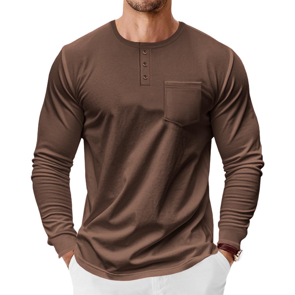 Mens Long Sleeve Henley Shirt Loose Fit Pocket Tee For Spring Autumn
