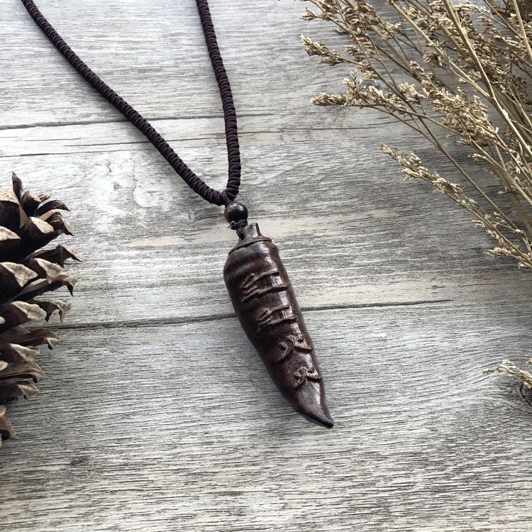 Retro Hand-carved Mahogany Long Necklace Women's Fashion Temperament Cotton and Linen Clothing Sweater Chain Accessories