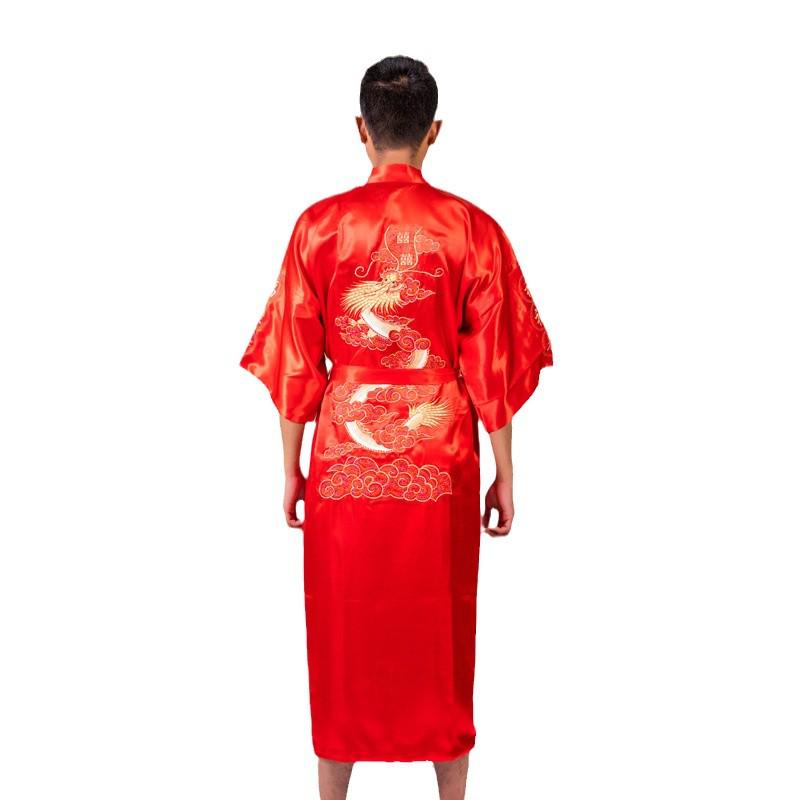 Men's Embroidered Silk Dragon Robe - Chinese Style Long Bathrobe