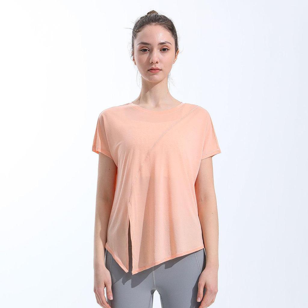 Women's Quick-Dry Short-Sleeve Yoga Top with Side Slit & Tie-Up