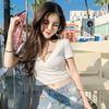Sommer Damen Casual T-Shirt Top Mode Crop Top Sexy V-Ausschnitt Kurzarm Einfarbiges T-Shirt