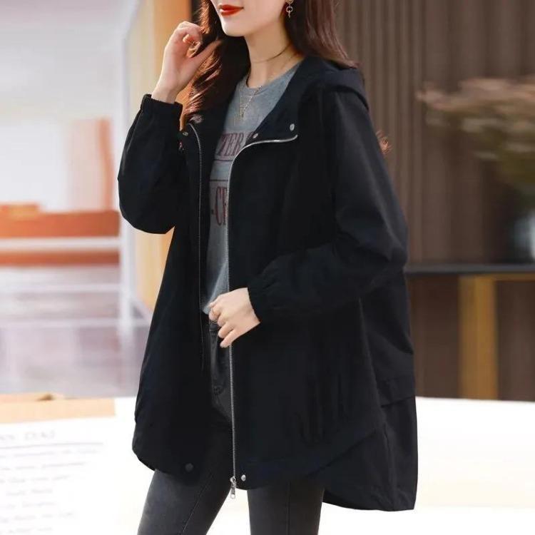 Kapuzen Große Größe Lässig Locker Damen Windjacke Jacke Mantel Vielseitig Mittellang Frühling und Herbst