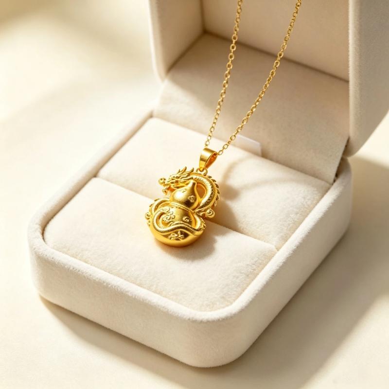 Gold Dragon Gourd Pendant Necklace With Intricate Carvings Auspicious Symbolism Perfect For Daily Wear Gifting Jewelry