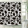 1Pc Cowhide Pattern Bath Curtain, Black Cow Spots On White Background, Random Amoeba-Like Shapes, Minimalist Design, Modern Cowh