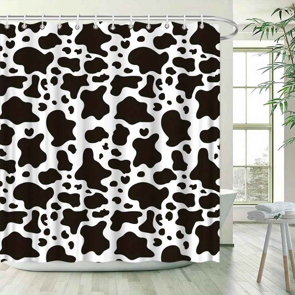 1Pc Cowhide Pattern Bath Curtain, Black Cow Spots On White Background, Random Amoeba-Like Shapes, Minimalist Design, Modern Cowh