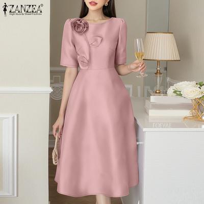Women Summer Casual 3D Flower Splice Short Sleeve Dress