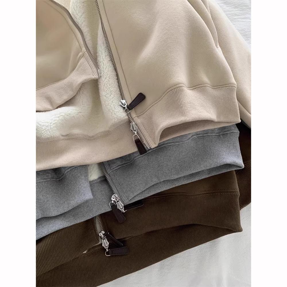 Veste Sweat-shirt en Velours Épais Col Zippé Chaud Décontracté Automne Hiver Style Coréen Navette Polyvalent Femme