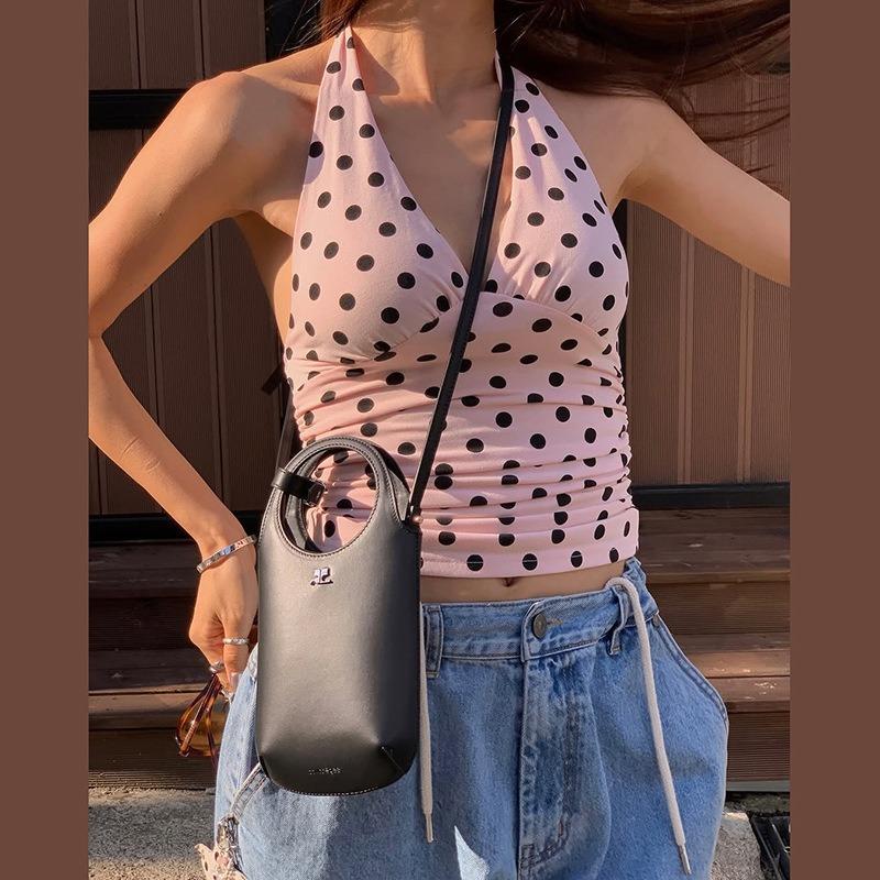 New Polka Dots Halter Neck Tank Tops Women Sexy Low-Neck Vest Slim Fit Off Shoulders Backless Short Tops Street Fashion Sexy Ruched Elegant Outfits