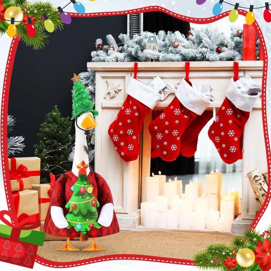Christmas Porch Goose Outfit Lawn Goose Dress with Xmas Tree Hat Festive Goose Costume for 23" Geese Dress-Up Home Outdoor Decorations