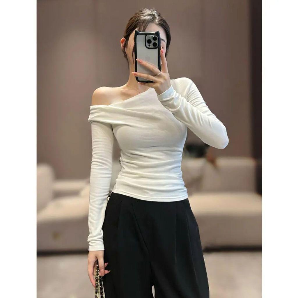 Asymmetrical Off-Shoulder Slim-Fit Long-Sleeve T-Shirt for Women - 2025 Autumn Elegant Pleated Design