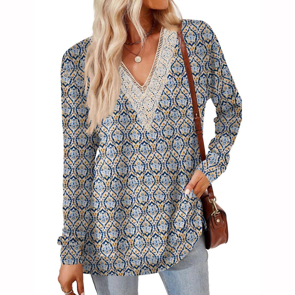 Womens Tops Loose V-neck Contrast Color Split Loose Long Sleeve T-shirt Women's Tops