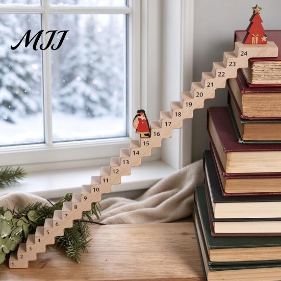 Reusable Wooden Calendar Christmas Staircase Countdown Calendar, Ornament with Santa Claus Gift for Kids Doll, 24 Days Advent Holiday Bookshelf