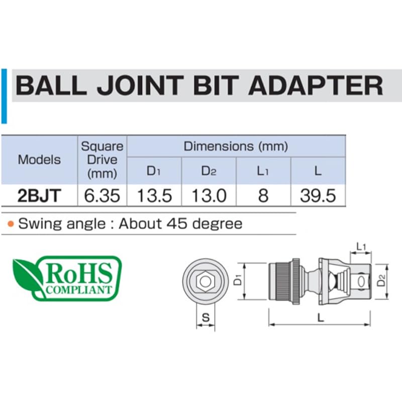TONE Ball Joint Bit Drive Bit Insertion Adapter, 2BJT, 6.35mm (1/4") &