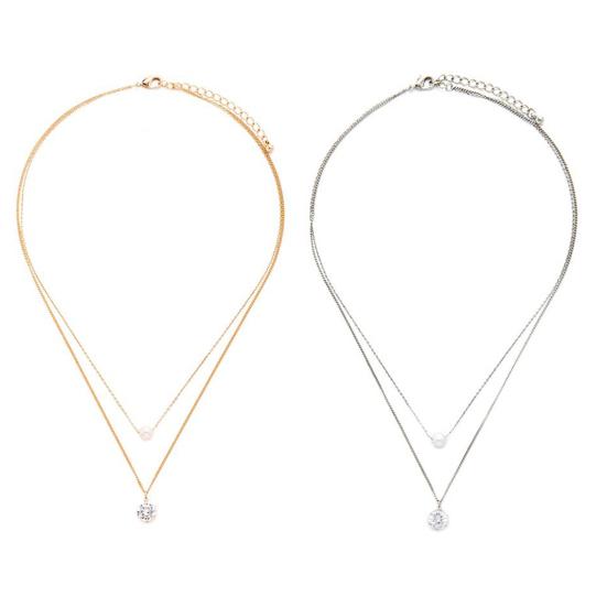 Fashion Women Necklace Shiny Rhinestone Faux Pearl Double Layer Choker Chain Necklace Jewelry for Gift