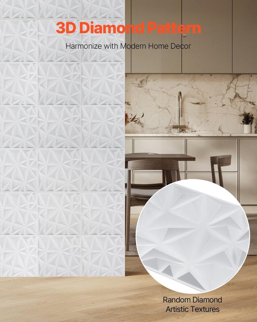 3D Wall Panels 33-Pack 11.81x11.81'' PVC 32 Sq.Ft Coverage Diamond White