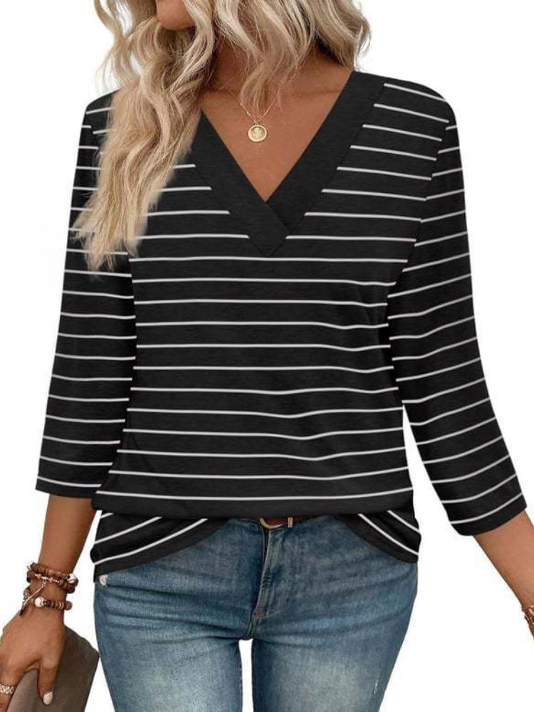 Dámský top s V-výstřihem a 7/8 rukávem, ležérní dámské pletené tričko se zavazováním v pase