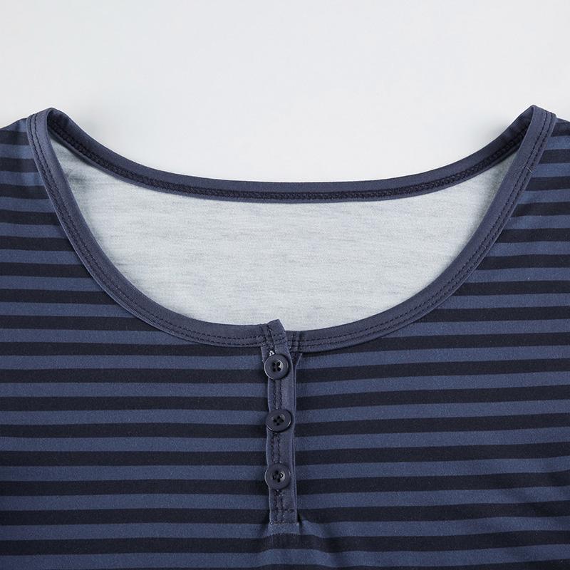 Striped Scoop Neck Slim-fitting T-shirt Women Casual Long Sleeves Button Crop Pullover Sexy Versatile Bottoming Top